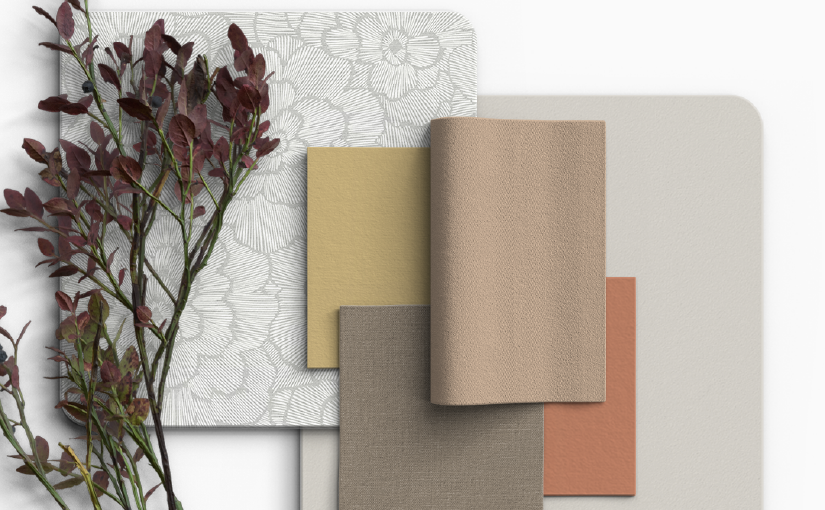 An earthy and sophisticated color palette featuring soft beige, pale grayish off-white, dusty terracotta, muted ashy brown, and warm coppery-orange, evoking a serene and tranquil atmosphere reminiscent of natural landscapes and calming environments.