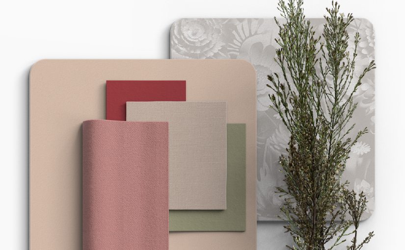 An earthy and warm color palette featuring deep reddish-maroon, soothing pale sage-beige, romantic dusty blush pink, versatile warm latte taupe, and inviting muted sun-kissed coral, perfect for creating a cozy and sophisticated atmosphere.