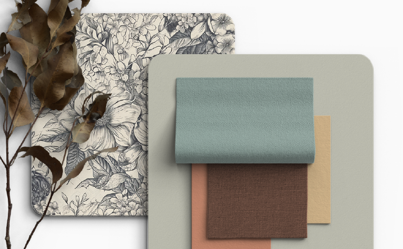 This color palette features a soothing blend of nature-inspired hues, including a soft sage green reminiscent of tranquil woodlands, a versatile light greige evoking smooth coastal stones, a warm sandy beige that captures sunlit shores, a rich terracotta red reflecting sunbaked clay, and a deep mahogany brown echoing the depth of forest shadows.