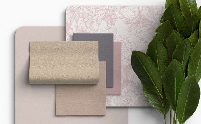 This color palette features a harmonious blend of five colors: a muted purple-gray, a pale peachy beige, a warm taupe-like brown, a pale dusty pink-beige, and a soft peachy pink. The palette evokes a sense of warmth, sophistication, and connection to nature