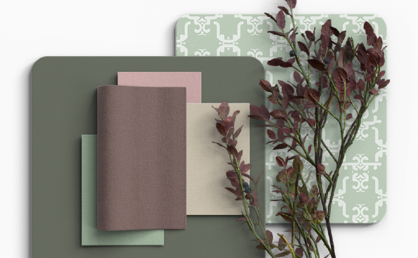 A soothing color palette featuring soft greenish-gray, dark grayish-green, warm beige, medium-dark brownish-gray, and muted pinkish beige tones, evoking a sense of harmony and elegance inspired by nature's subtle beauty.